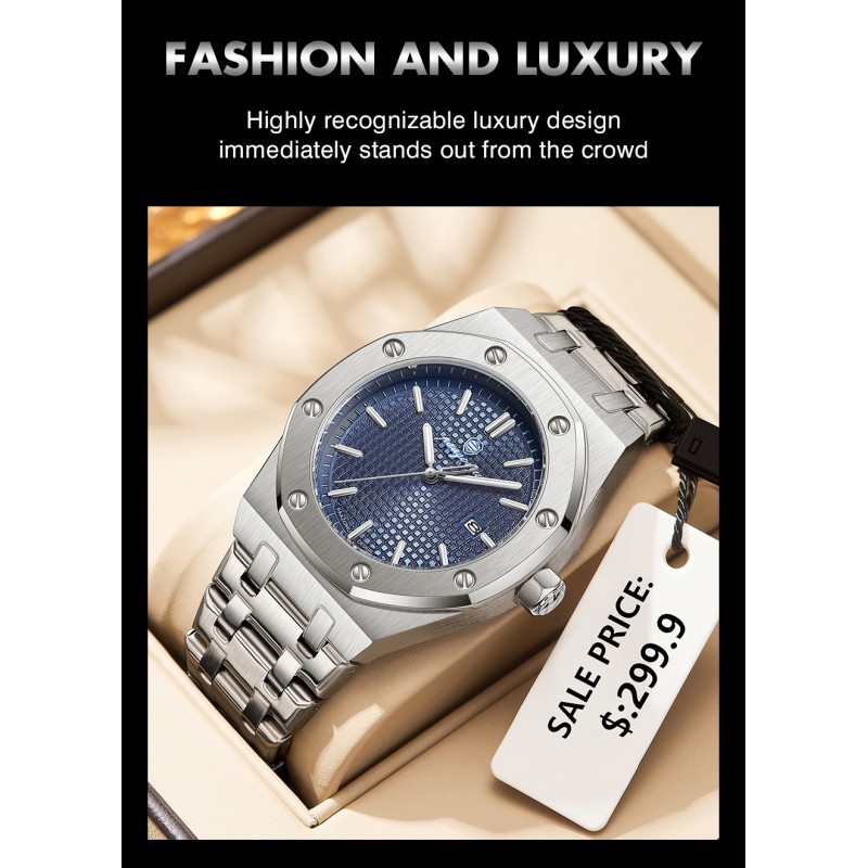 Octagon Bezel Men Quartz Watch, Stainless Steel Integrated Bracelet, Textured Grid Dial, Date Window, Waterproof OEM ODM Wholesale Wristwatch