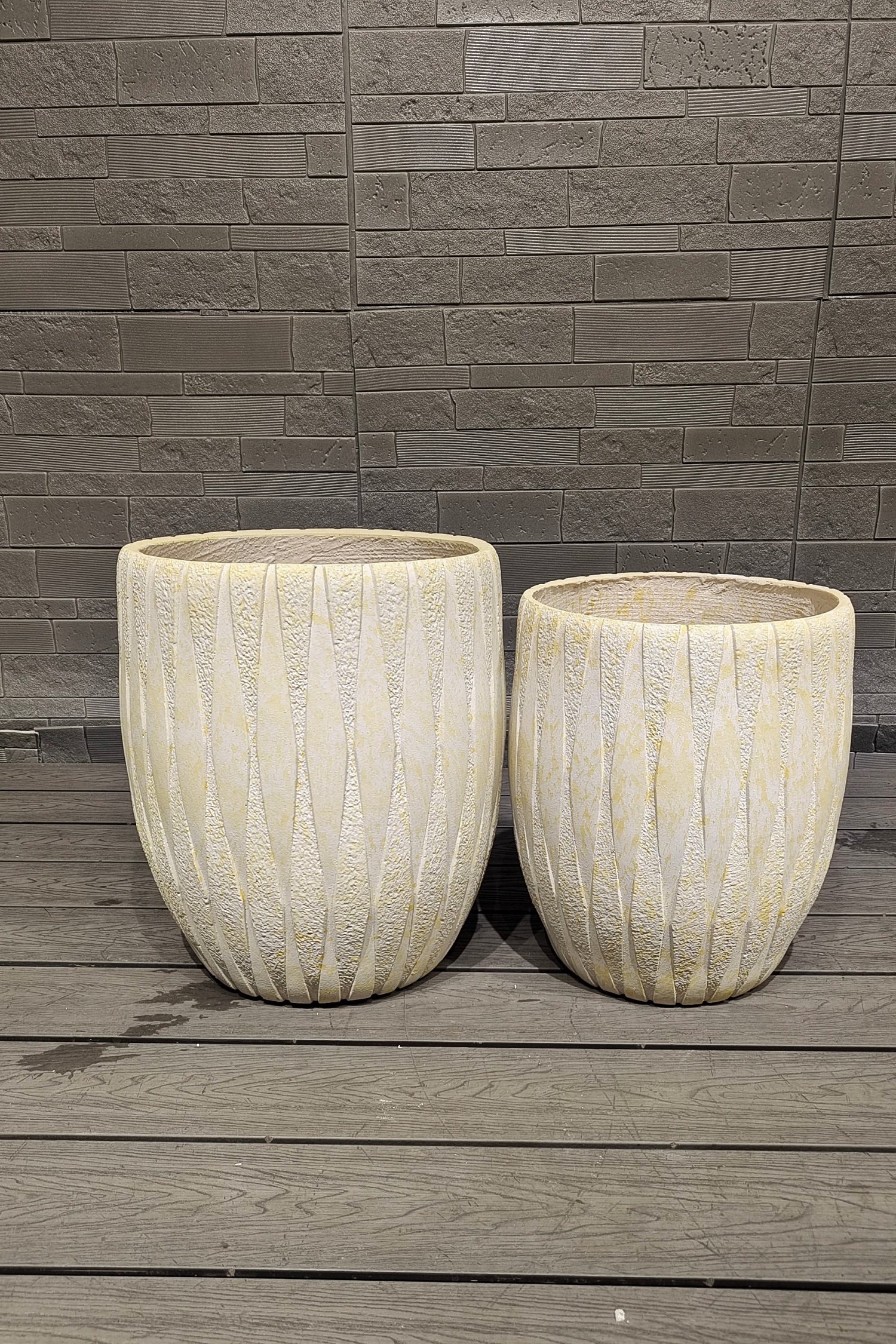 Pair Of Chic Lemon Yellow Tones Vertical Patterns Round Fiber Clay Planter