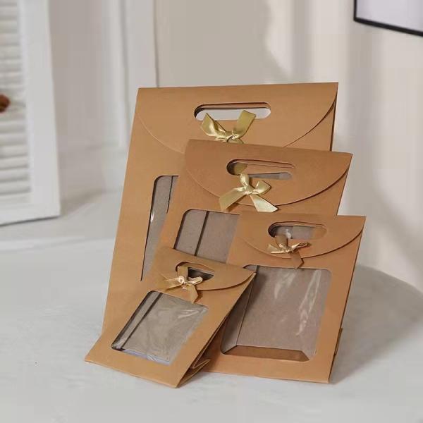 wholesale custom recycled flat bottom small food paper bag shopping packaging bag brown kraft paper bag with clear window