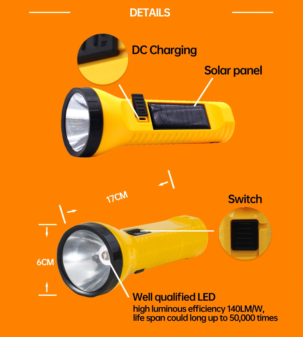 0.2W Poly Solar Power LED Flashlight 250mAh LiFePO4 Anti Dropping
