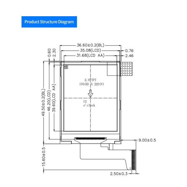 2 Inch 176*220 Resolution TFT Lcd Display Module With MCU 8 Bit Interface 39 PIN