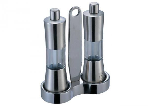Quality Stainless Steel Salt And Pepper Shaker And Mill , Commercial Buffet Supplies 2 Pieces Flavour Bottles Set With Handle for sale