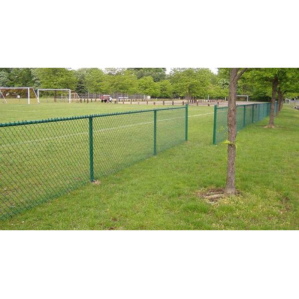 4-ft high green PVC-coated chain link fence around a sport filed.