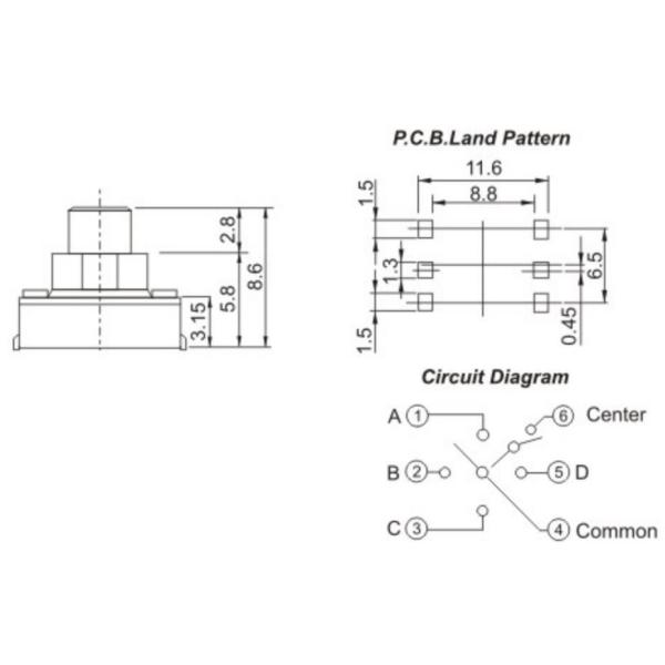 SMD Multi Directional Switch , 10mA DC12V 4 Way Tactile Switch