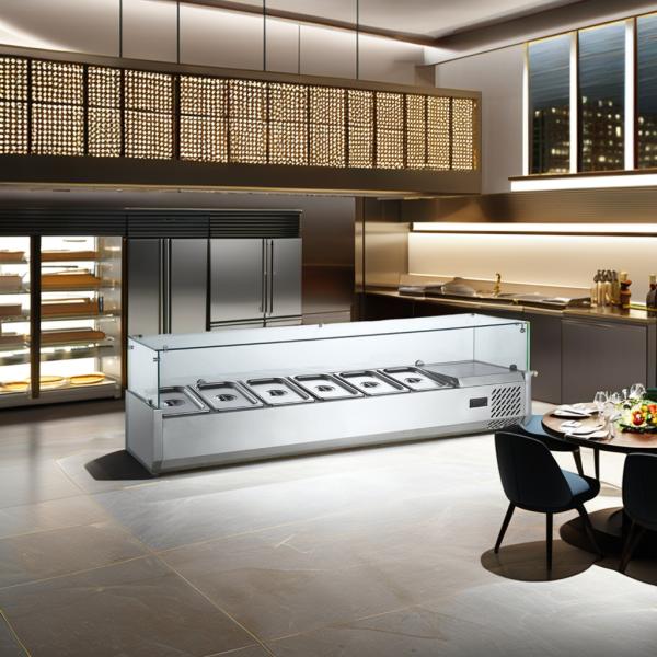 Commercial Double-Temperature Glass Cooler Counter Open Vegetable Salad Display Refrigerator LED Light Digital Temperature