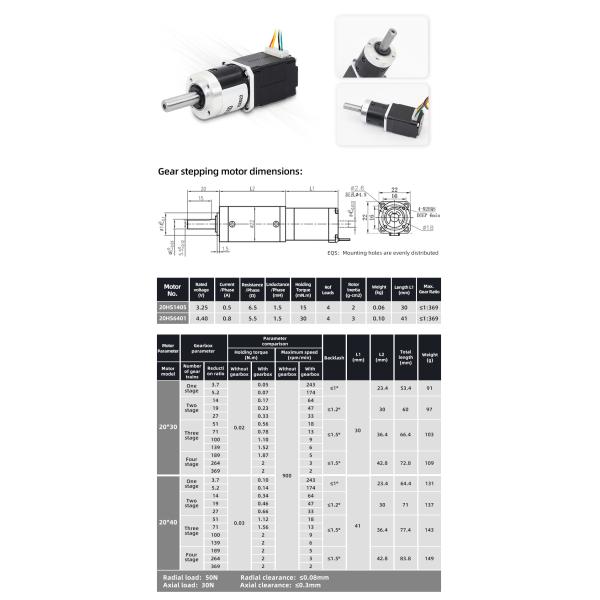 Nema 8 Geared Stepper Motors With Gearbox Max.Ratio 1 369 Length 30/41mm Current 0.5/0.8A