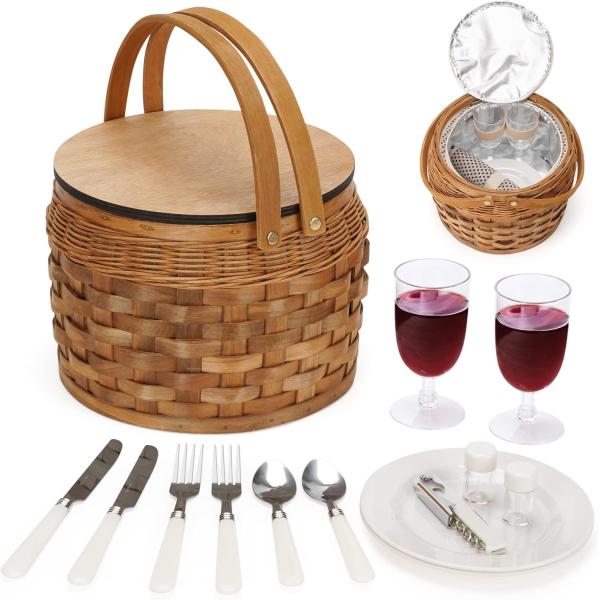 Small Picnic Baskets with Insulated Cooler, Picnic Basket Hamper for 2, Woodchip Wicker Basket, Including 2 Sets