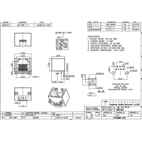 One Port PCB RJ45 Female Connector Right Angle MJ5388-Y011-HRN1