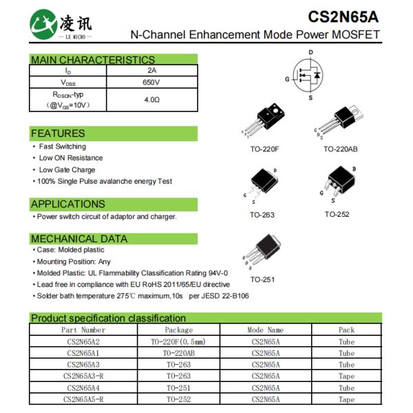 2A650V CS2N65A4 High Switching Speed Mosfet For Fast and Stable Switching Performance