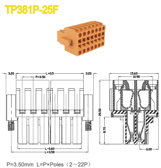 Plug Female Sockets Pitch 3.50mm Plug-in Terminal Block 300V 8A 2 x 2P - 22 x 2P