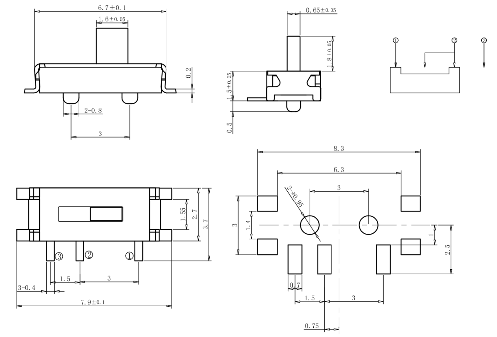 Miniature 7 Pin 1P2T Circuit On Off Sliding Switch DC12V 100mA