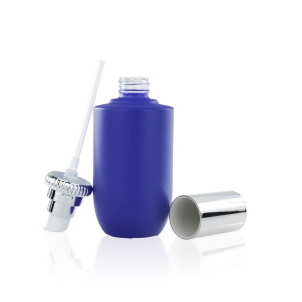 Blue 100ml ODM Glass Serum Pump Bottles With Silver Pump And Cover