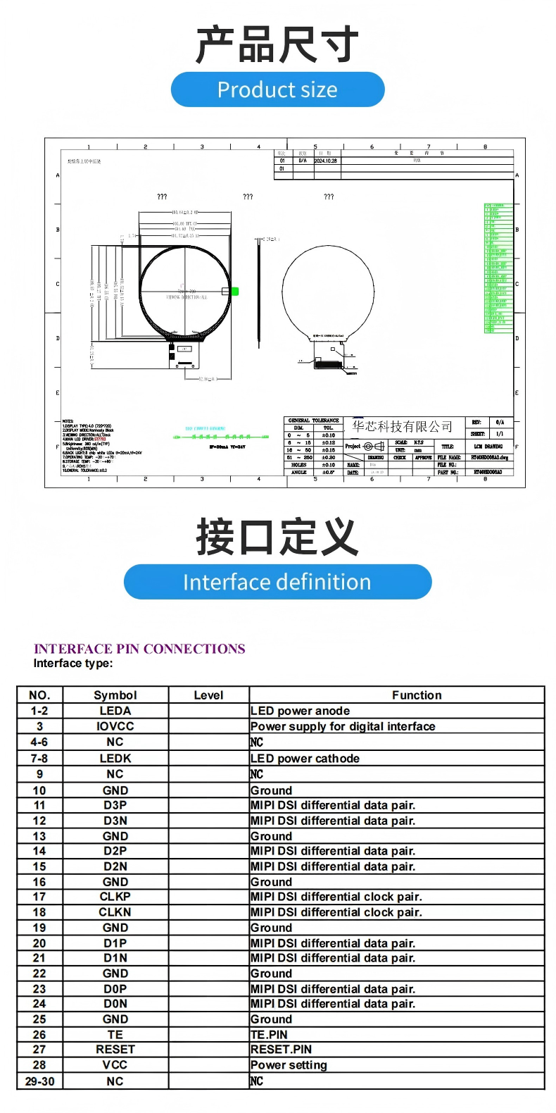 4.0 inch IPS TFT LCD Module with 720RGBx720 Resolution and MIPI Interface
