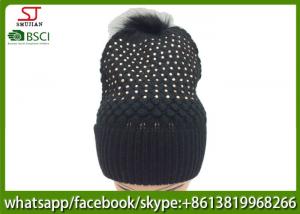 Buy cheap Chinese manufactuer free faux fur pompom knitting stripe hat  cap  patterns beanie 75g 18*24cm 100%Acrylic keep warm product