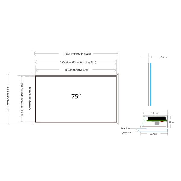 75 inch IR Touch Screen Overlay Size Customized for Industrial