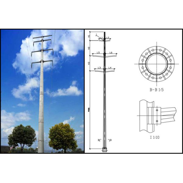 Multi Side 7m Steel Tubular Electrical Power Pole Low Voltage With Cross Arms
