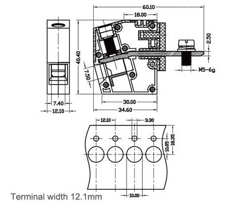 Panel Mount 85A 600V Terminal Block UL94-V0 12.1mm Terminal Width
