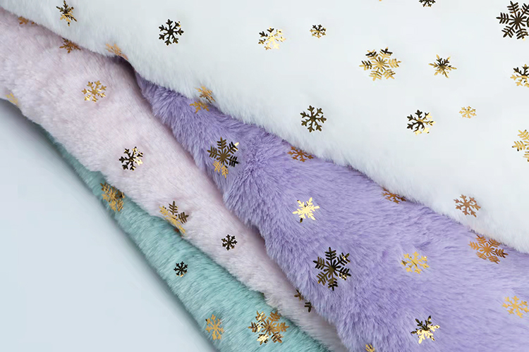 DDP Recycled Factory High Quality Bunny Hair Foil Gold Fabric Snowflake Pattern, Wholesale Polyester Fleece Fabric