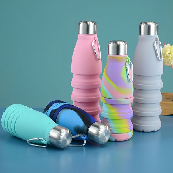 Silicone Foldable Biodegradable Reusable Water Bottles 550ml Grey Customized