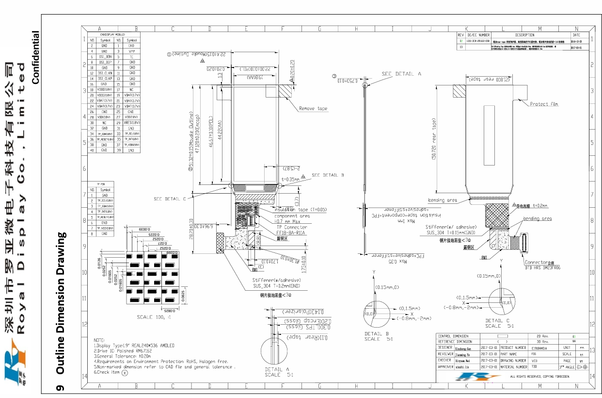 COG 5.5V 1.91'' OLED Display Module RGB 240x536 Dots Resolution LCD Panel