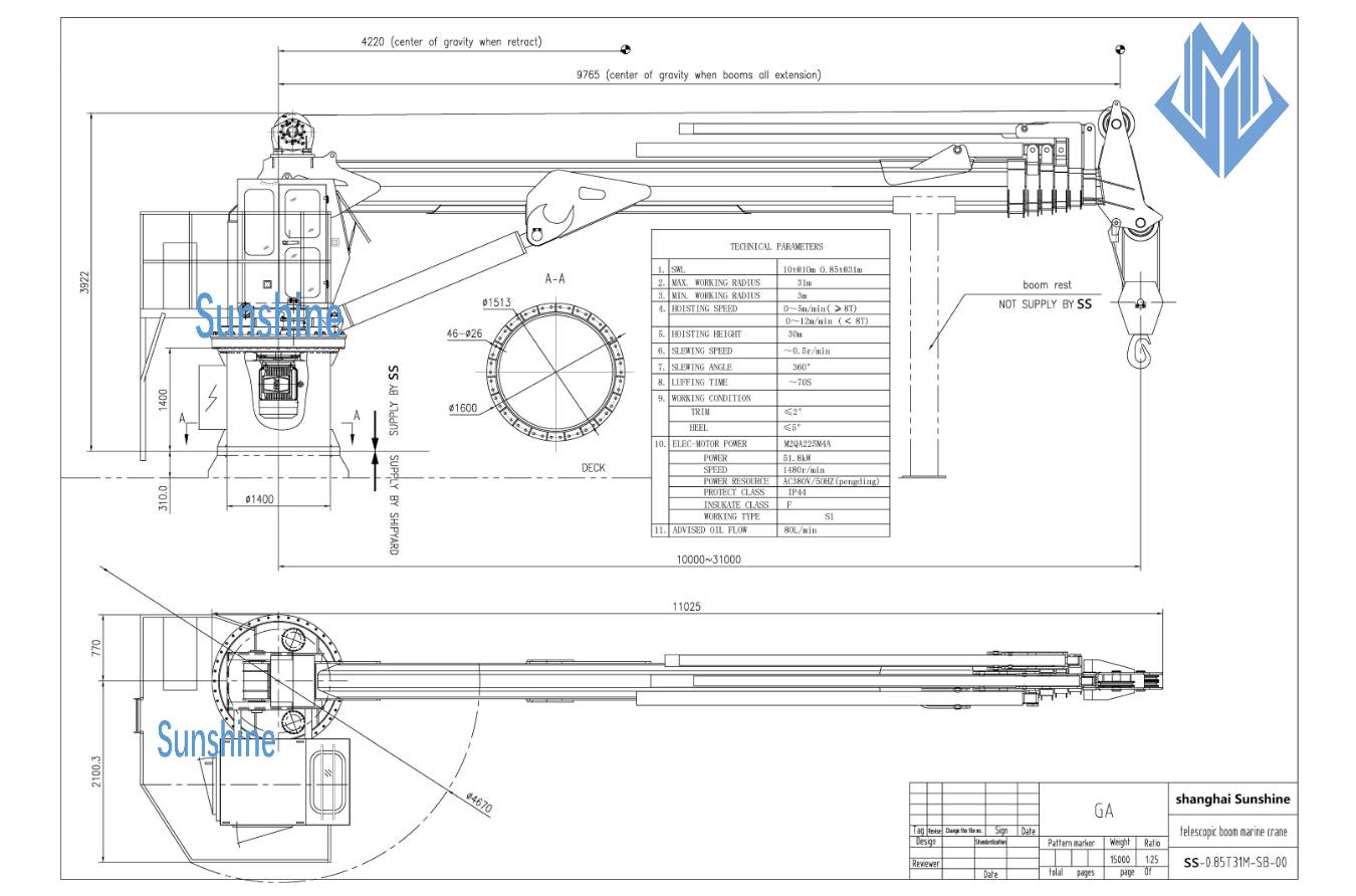 3t30m Telescopic Boom Marine Crane For Onboard Multi Purpose Vessel