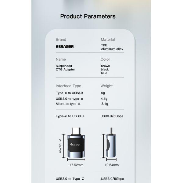 Essager Small 3A Fast Charging USB Female to Type-C Male OTG Adapter USB 3.0 Adaptor for Multiple Devices