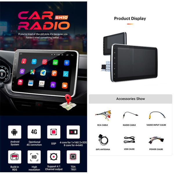 Universal Single Din Car Radio 1280x720 Single Din 10 Inch Touch Screen Dashboard