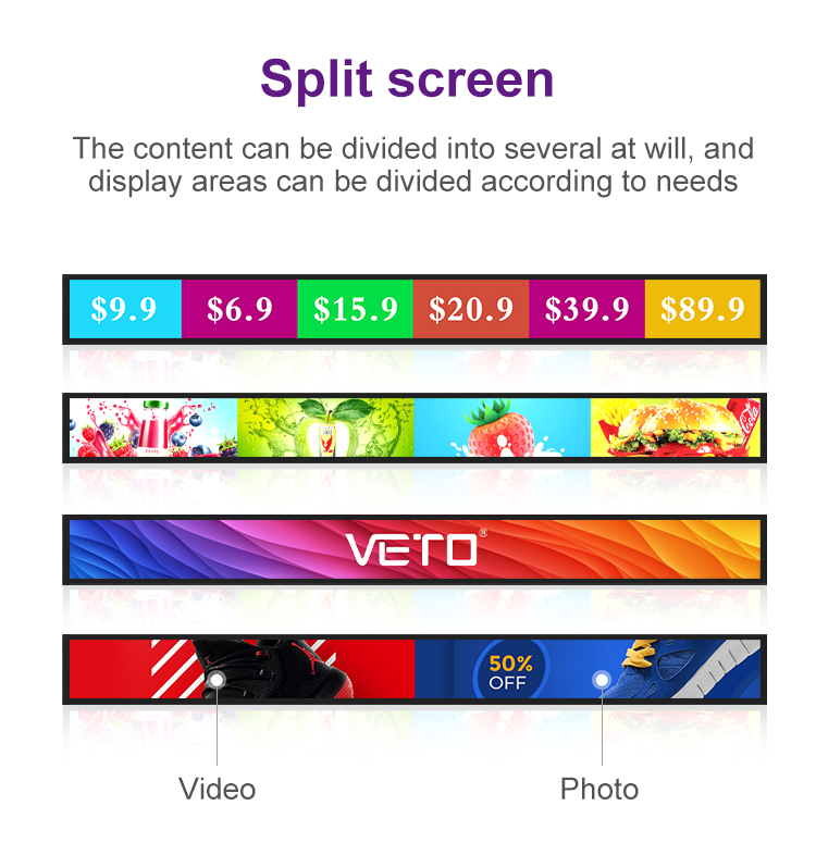 VETO Androids Ultra Wide Digital Shelf Edge Advertising Screen High Contrast Bar LCD Display For Retail Store