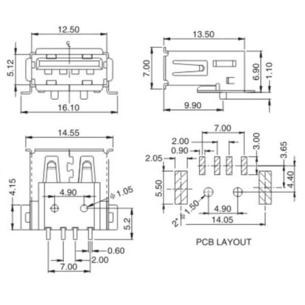 High Temperature Resistant USB Female Socket Right Angle 5000cycles