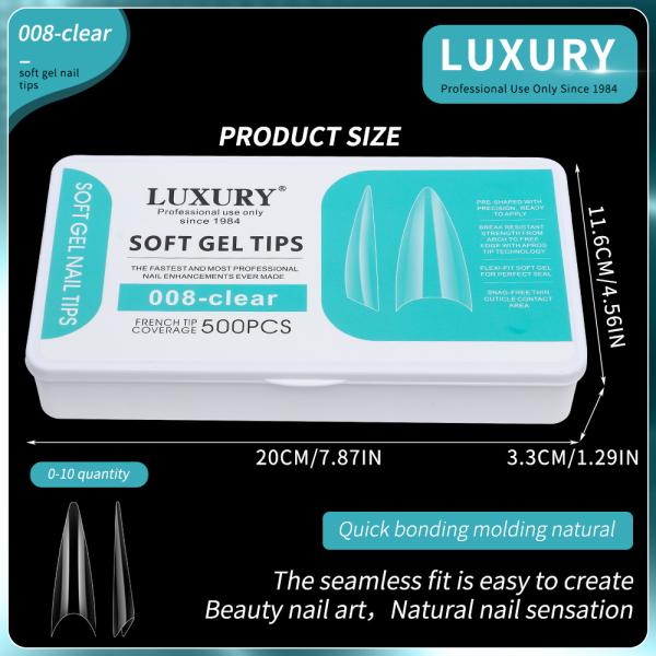 Luxury 500PCS Medium Square Nail Tips Set Clear Soft Gel False Nails Suitable for Women DIY Fake Nails