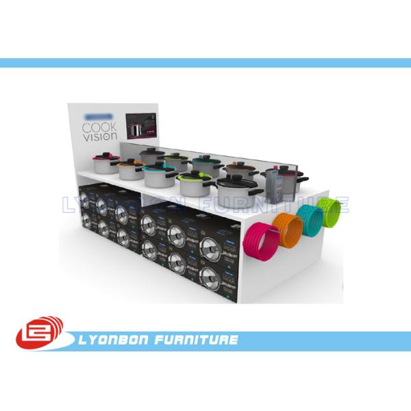 white cookware display for cooking pots with digital LED screen for ADS broadcasting