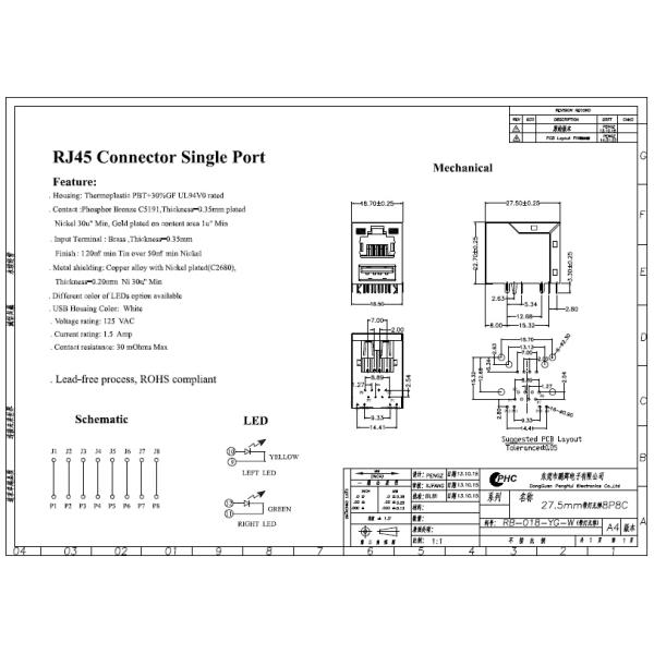 RJ45 USB 2.0 Stack Embedded Board , Rj45 Ethernet Jack Tab Up Without Transformers