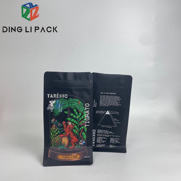 Low Moq Coffee Stand Up Pouch Matte Black Pouch Flat Bottom Aluminum Foil Type