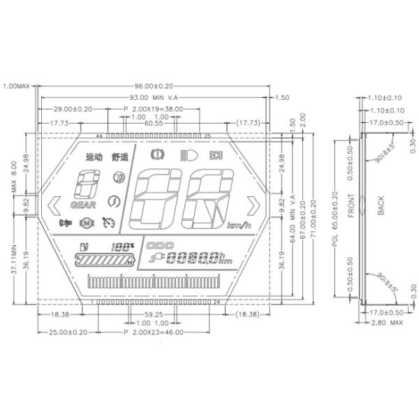 Corner Cut Monochrome LCD Panel TN Type , speedometer lcd display For Odo Meter