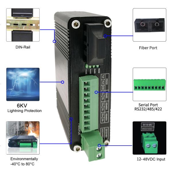 Industrial Serial RS232 / RS485 / RS422 Fiber Optic Modem SC SM 1310nm, 20km