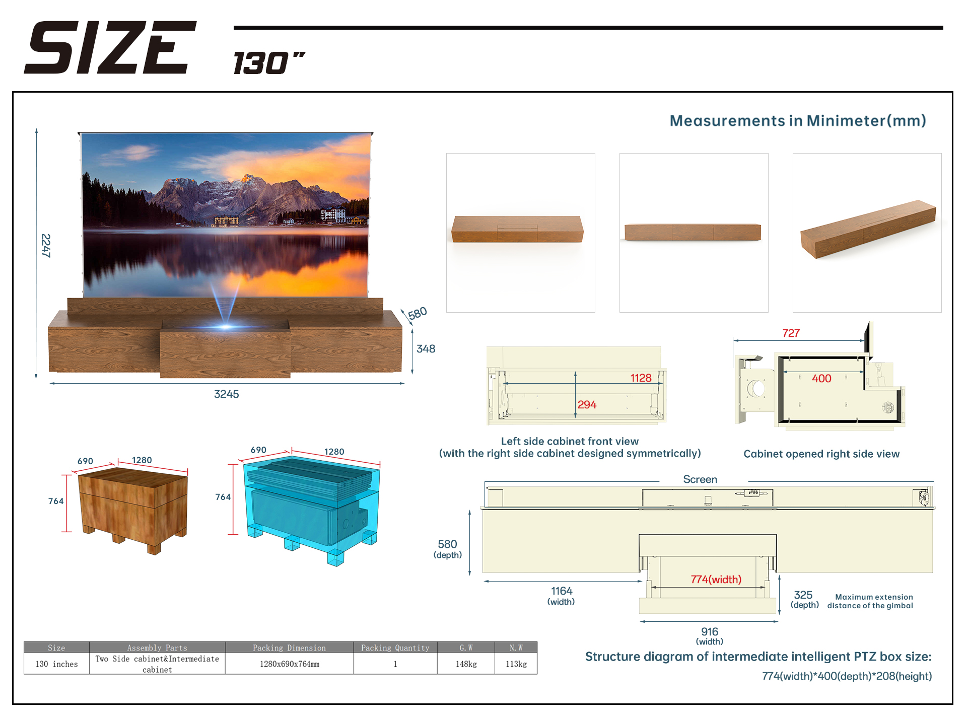 White Motorized Laser TV Cabinet Wooden Sliding TV Cabinet for UST Projection 50Hz / 60Hz