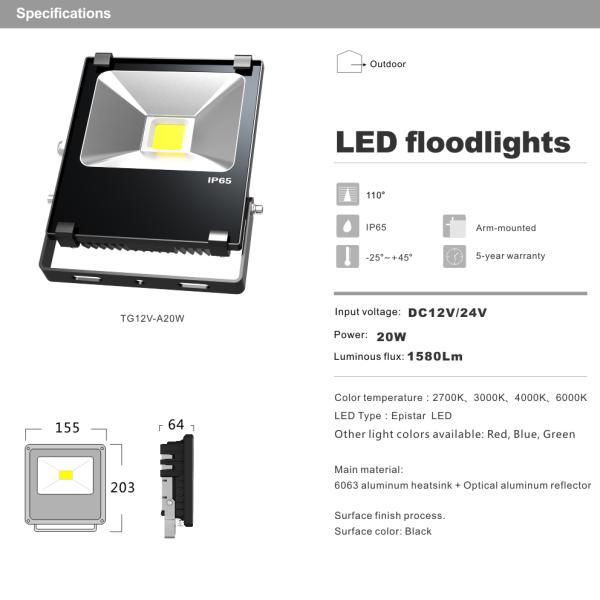 20W LED Floodlights DC12V/24V Outdoor IP65 Waterproof flooding Spotlight CE, ROHS