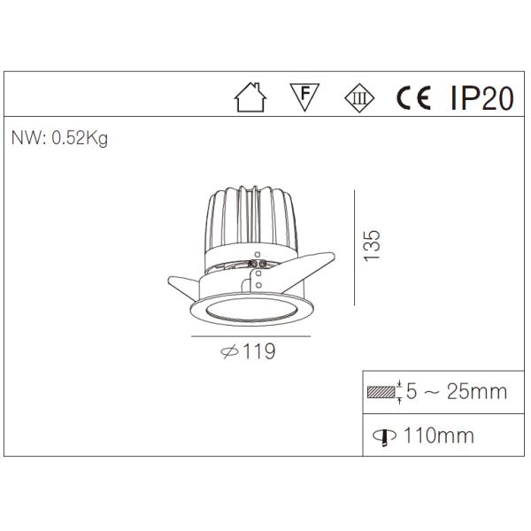Vellnice New Design 30W D119MM Anti-Glare Ceiling Suface COB LED Downlight R3B0632