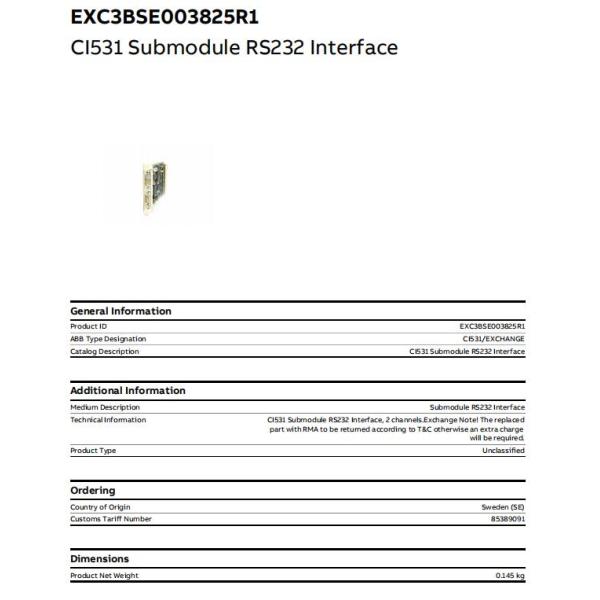CI531 3BSE003825R1 ABB RS-232 Interface Submodule