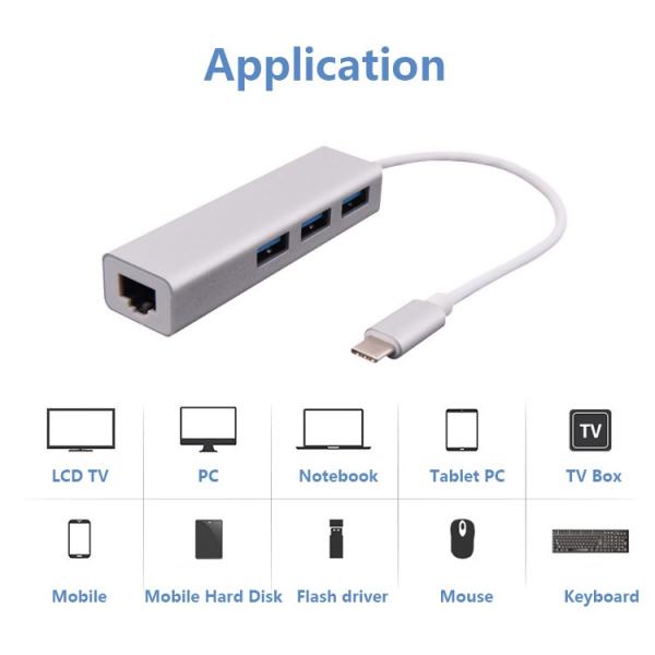 Aluminum Alloy USB 3.1 Type C to Ethernet Adapter With 3 Port USB 3.0 HUB Type-C to RJ45 Network LAN Adapter Converter Cable