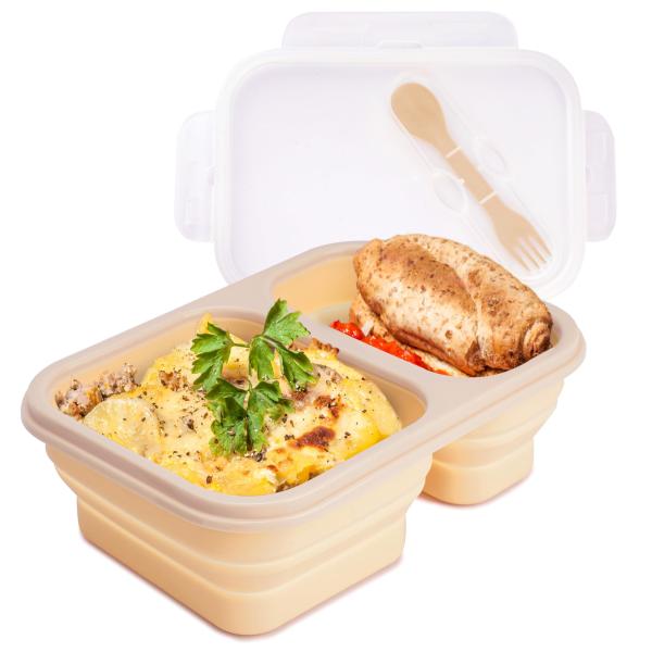 2 Compartments Collapsible Lunch Containers With Lid Lunchbox With Utensils Foldable Silicone Bento For Adults BPA Free