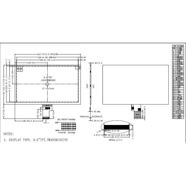 High Resolution 1024 * 600 Customized TFT LCD 300cd / m2 Brightness White Backlight