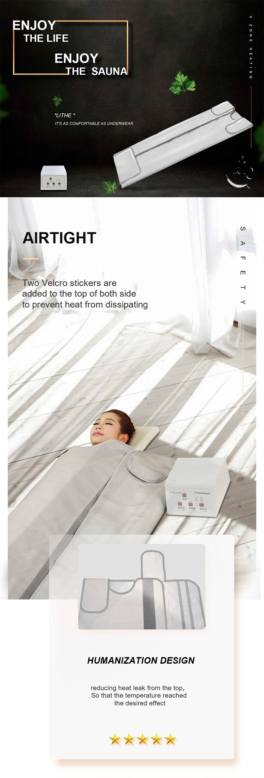 3 Zones Waterproof Fireproof PU Leather Cotton Comfortable Sauna Blanket for Dispel Dampness and Coldness