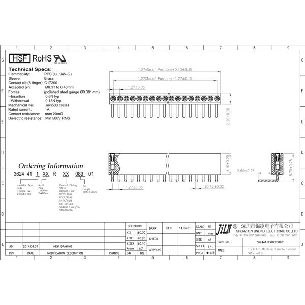 Round 1.27mm Female Header LED Application Long Lifespan High Flatness