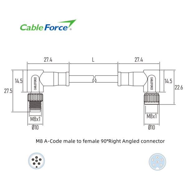 A Code Male To Female M8 6 Pin Connector With PVC Cable Unshielded