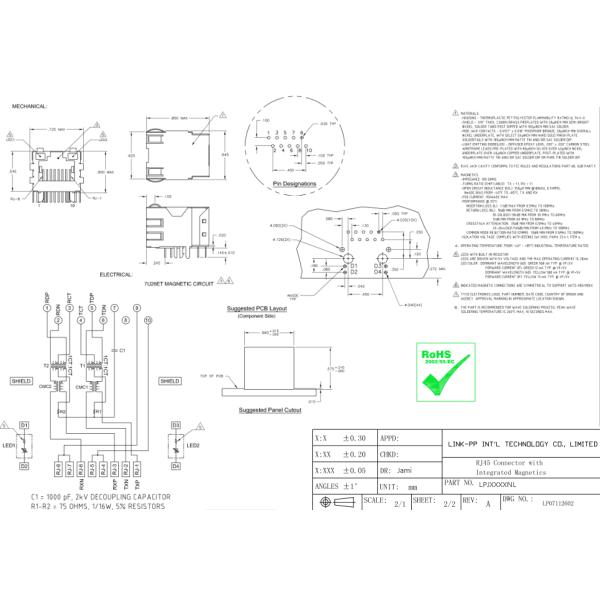 Voip Ethernet POE RJ45 Connector Magnetic Shielded With Resistor LEDS