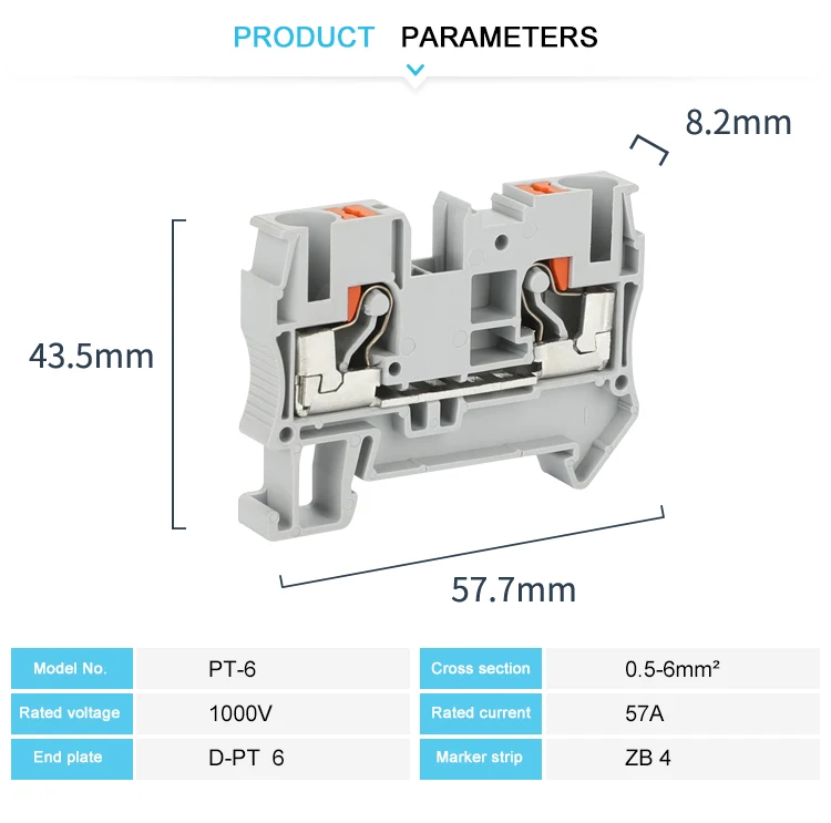 PT6 Push-in Terminal Block Din Rail 6mm² Screwless Spring Feed-Through Connector Wire Electrical Strip Plug