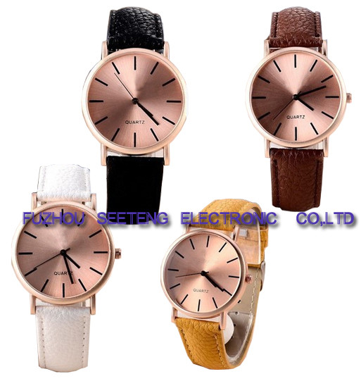 Rose golden case simple style wrist watch with mature color PU leather strap for office ladies