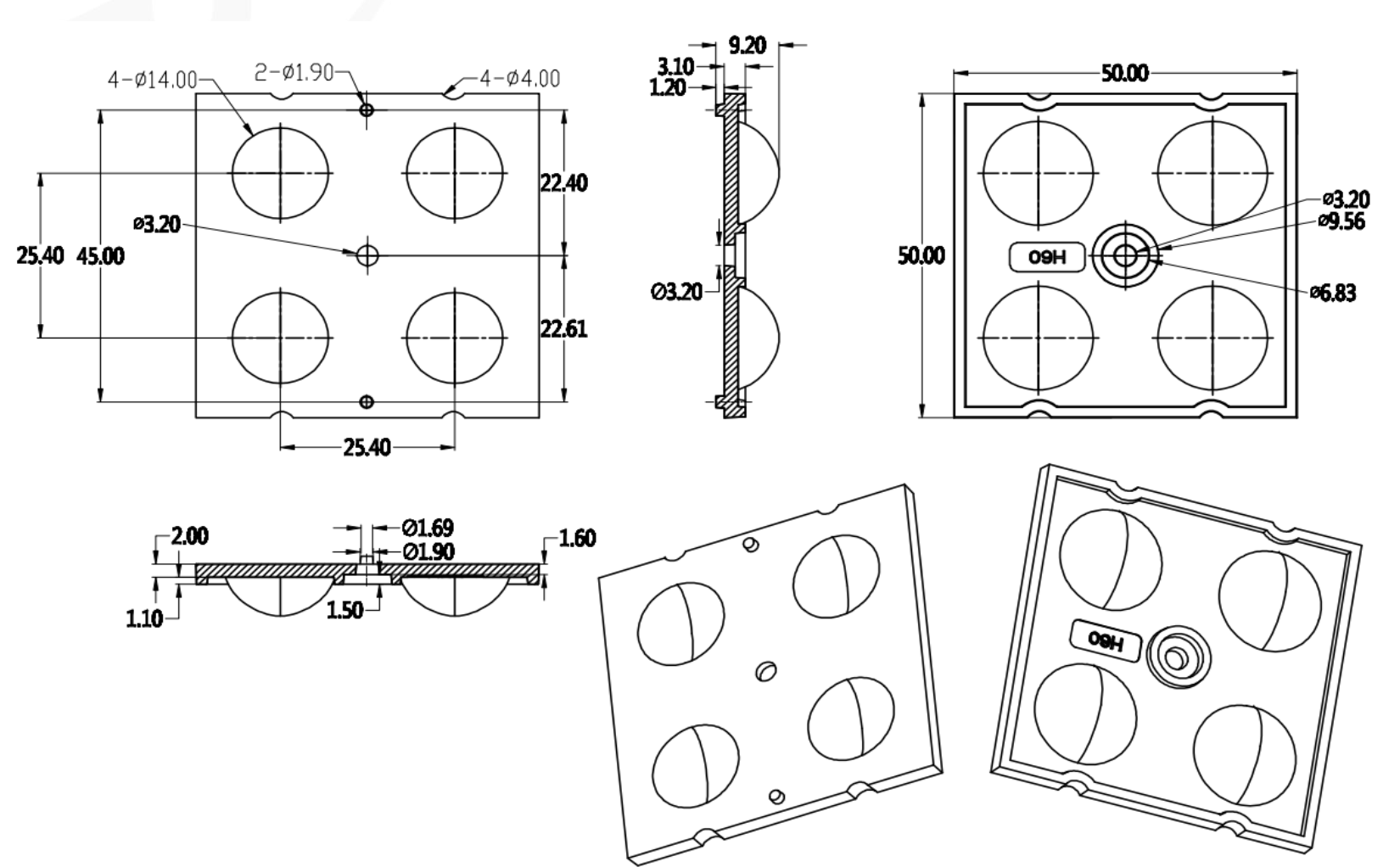 High Efficiency 60 Degree 4 In 1 Led Lens Array For High Bay Light Module