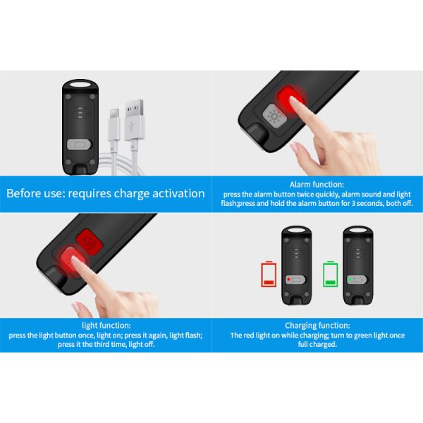 USB Rechargeable Safety Alarm Keychain 130DB With SOS LED Light
